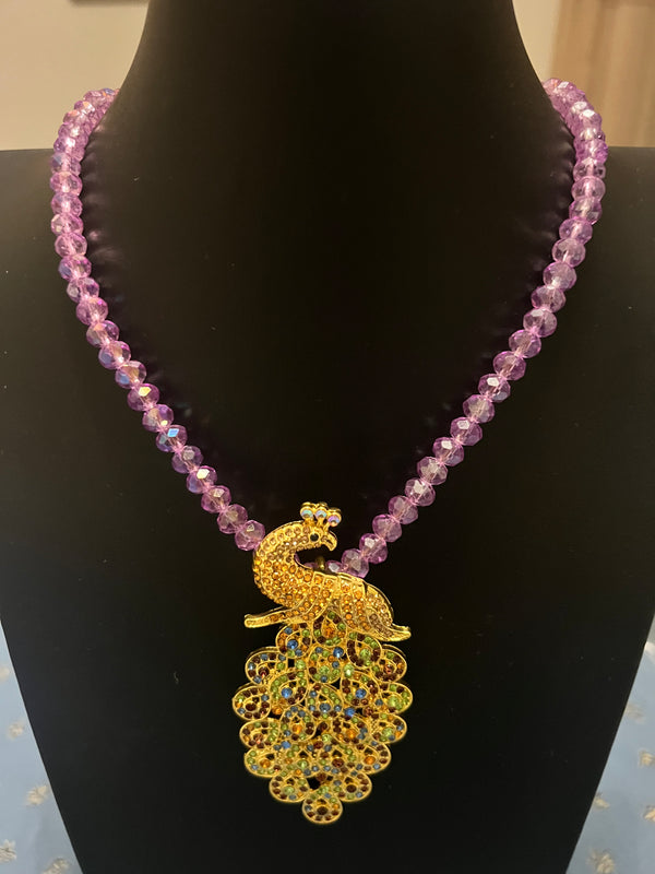 Peacock beaded necklace single Lilac