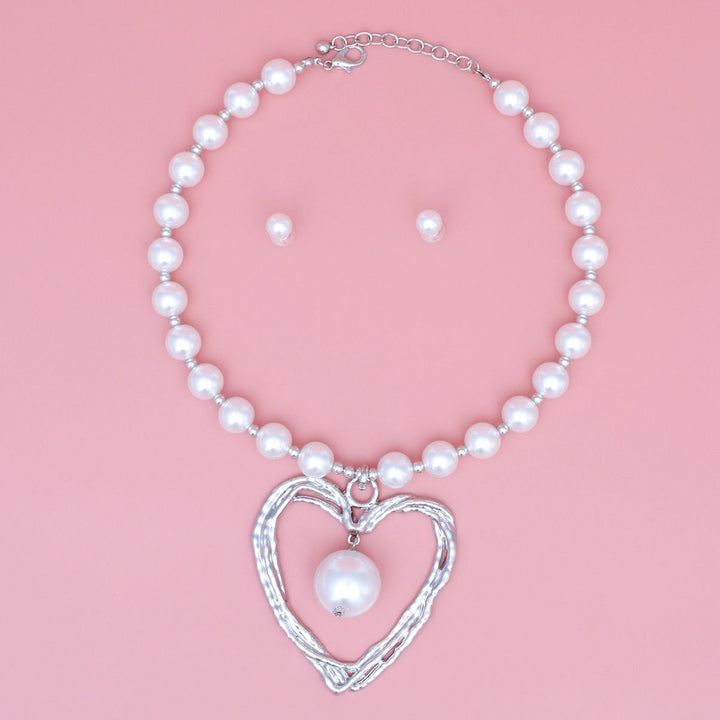 Pendant Silver Heart Drop White Pearl Necklace