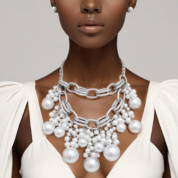 Bib Dreamy Drop White Pearl Silver Chain Necklace