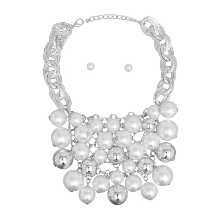 Bib Opulent White Pearl Silver Chainmaille Necklace