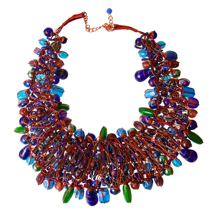 Blue Bead and Copper Bib Necklace