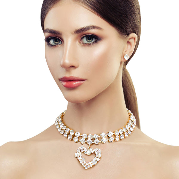 Gold Crystal 2 Row Heart Choker Set