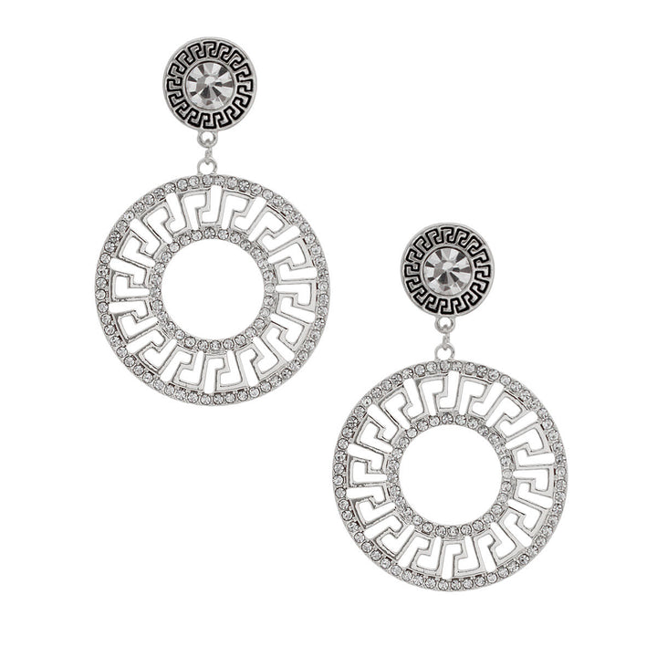 Silver Rhinestone Round Greek Key Earrings